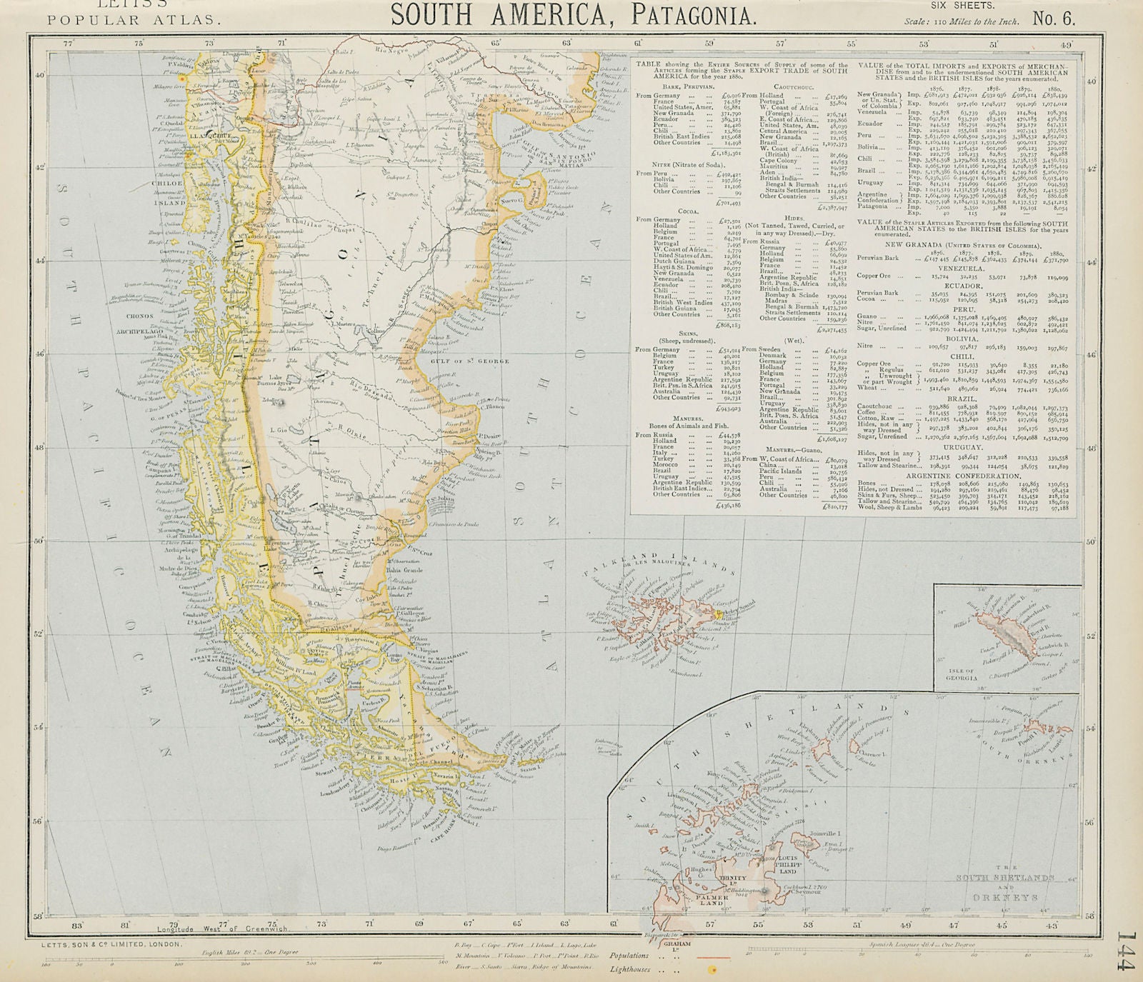 PATAGONIA. Argentina Chile Tierra del Fuego Falklands S Georgia LETTS 1884 map